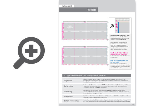 Product Bild faltblatt__gefalzt_auf_din_a7__8-seiter_(wickelfalz)__beidseitig_bedruckt_(4_4_farbig_+_1_sonderfarbe_hks)